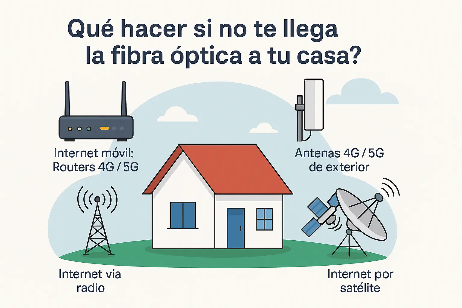 Ilustración de una casa rodeada de opciones de conexión a Internet: router 4G/5G, antena exterior, Internet vía radio e Internet por satélite
