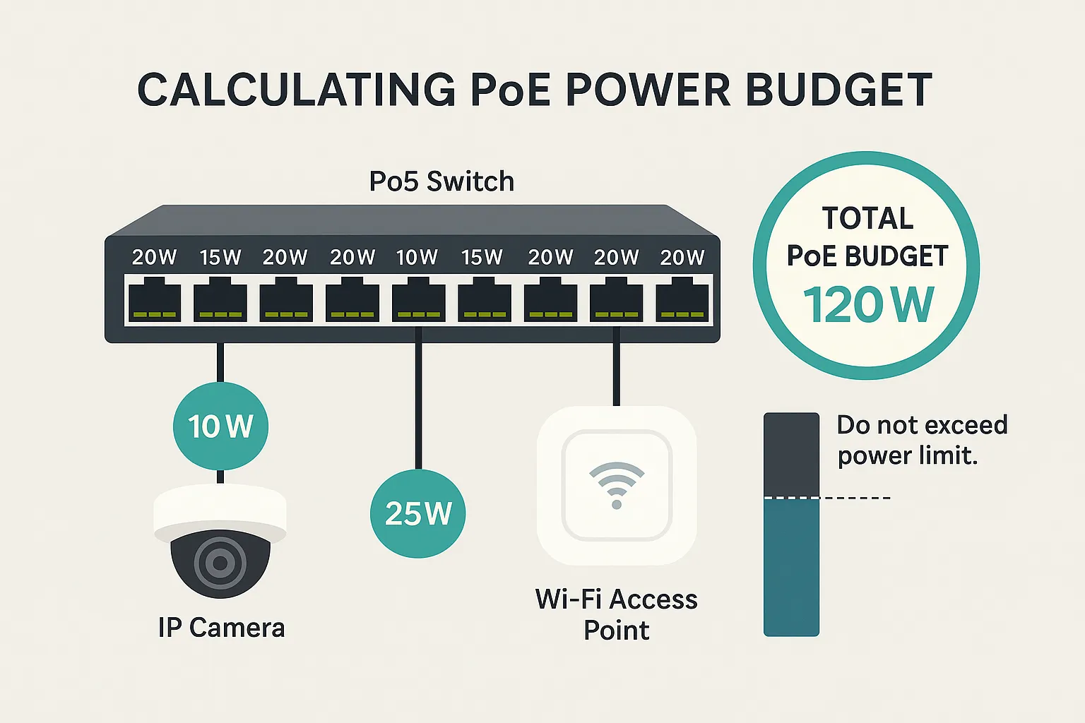 Infografía sobre el cálculo del presupuesto PoE en una red profesional Diagrama explicativo de un switch PoE con presupuesto total de 120W, mostrando consumo por puerto y dispositivos conectados como cámara IP (10W) y punto de acceso WiFi (25W)