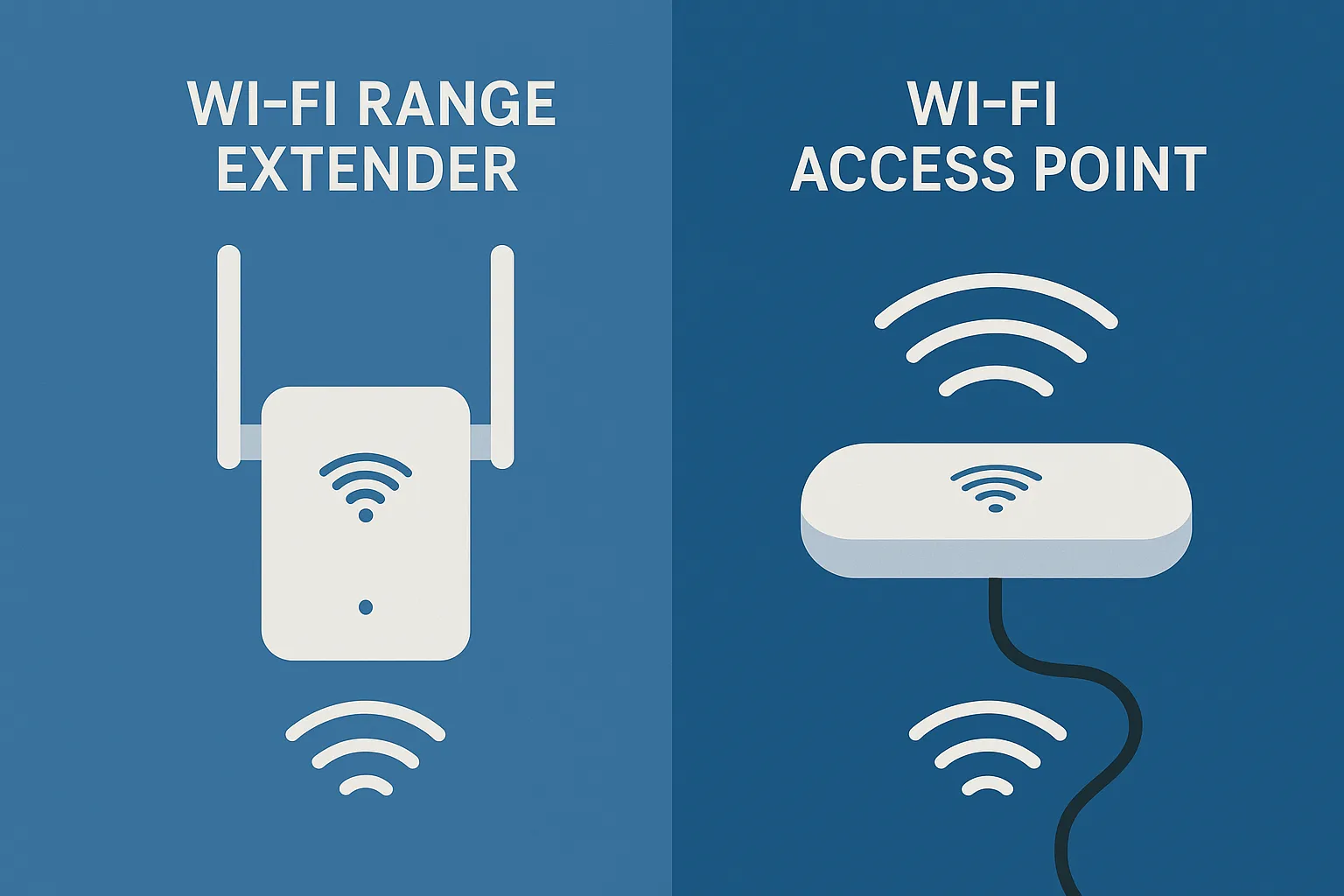Repetidor WiFi vs punto de acceso para mejorar la red inalámbrica Imagen comparativa entre repetidor WiFi y punto de acceso mostrando las diferencias para ampliar la cobertura de red en oficinas y empresas