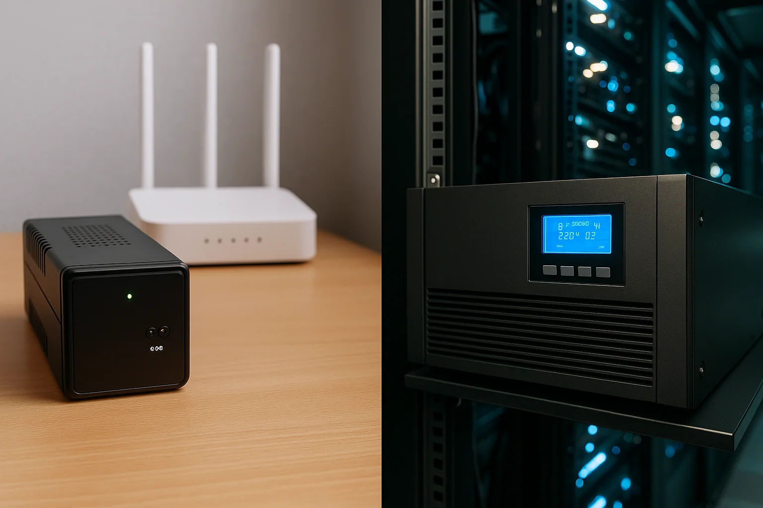 Comparativa visual entre SAI doméstico y profesional Vista comparativa entre un SAI compacto para uso doméstico y un modelo profesional en un centro de datos, con diferencias de tamaño y uso