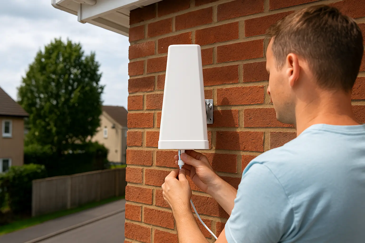 Técnico instalando antena 4G direccional en la fachada de una vivienda Instalador fijando una antena 4G direccional blanca sobre pared de ladrillo para mejorar la señal móvil en zonas sin cobertura interior