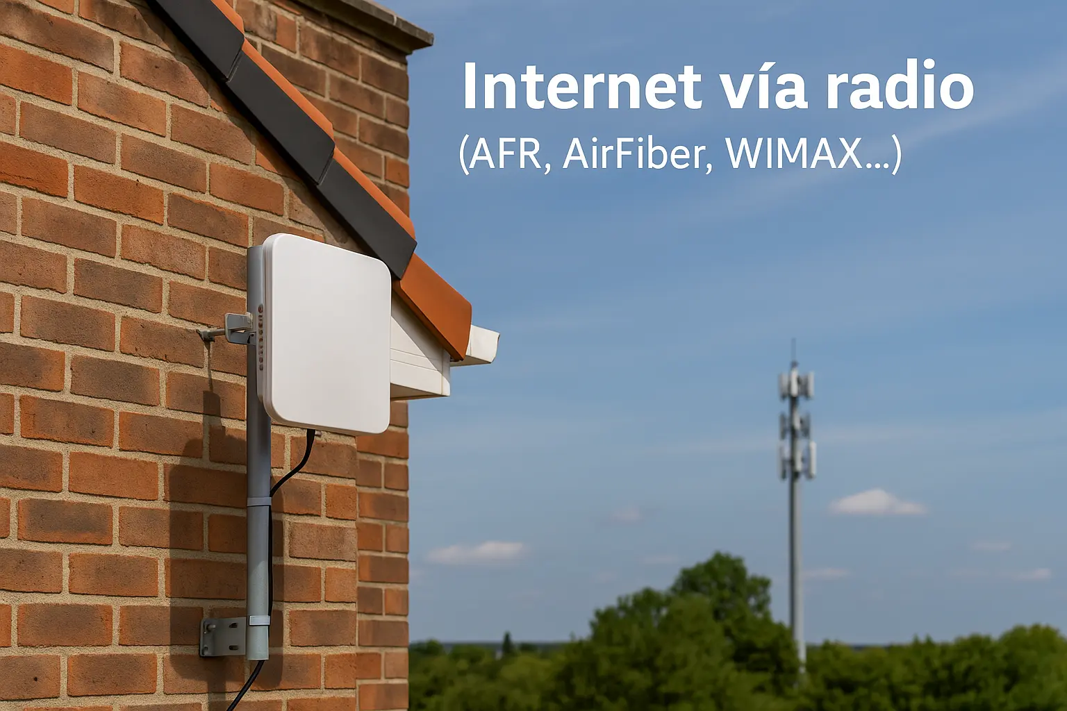 Antena de Internet por radio instalada en fachada con vista a torre emisora Antena de banda ancha fija instalada en la fachada de una vivienda orientada hacia una torre de telecomunicaciones, para conexión vía radio mediante tecnologías AFR, AirFiber o WIMAX