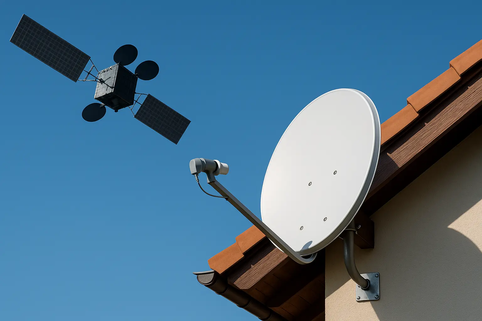 Antena parabólica instalada en tejado orientada a satélite en órbita para conexión a Internet satelital Vista de una antena parabólica instalada en el tejado de una vivienda conectando con un satélite en el cielo, representando Internet por satélite en zonas rurales o sin cobertura terrestre