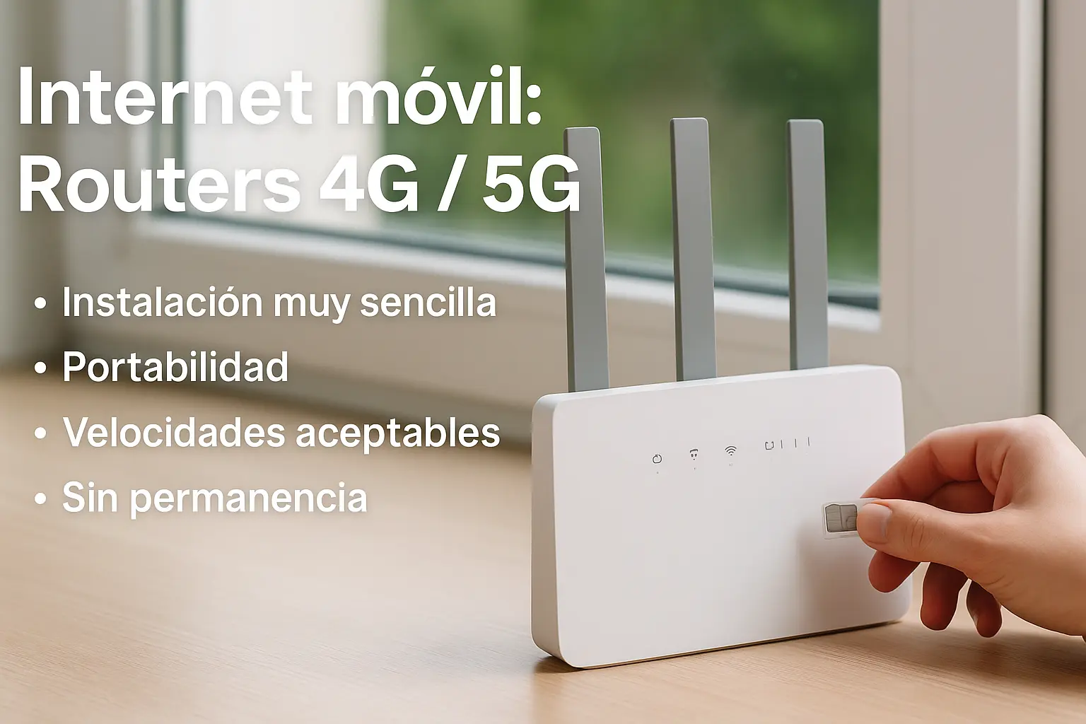 Router 4G/5G en interior Persona insertando una tarjeta SIM en un router 4G/5G junto a una ventana, ideal para disponer de Internet en zonas sin fibra óptica