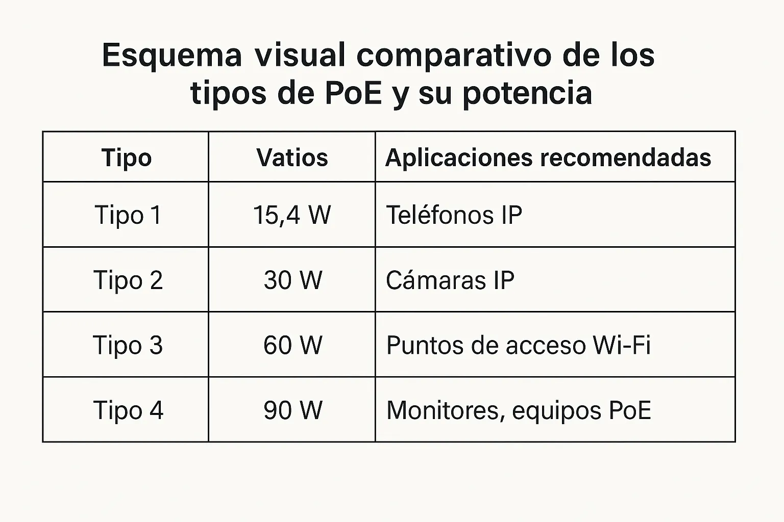 Esquema visual comparativo de los tipos de PoE y su potencia Tabla comparativa de PoE Tipo 1, 2, 3 y 4 con vatios y aplicaciones recomendadas